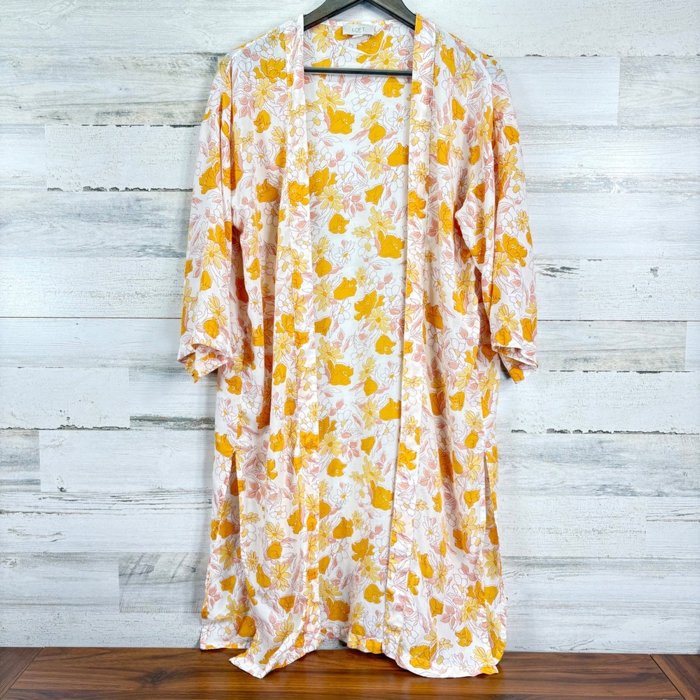 LOFT White Orange‎ Floral Print Open Front Kimono Duster Jacket Cardigan Size S